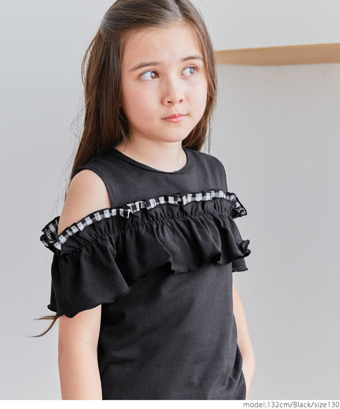 キッズ 120-150 Tシャツ オープンショルダー フリル ギンガム プルオーバー 女の子 キッズオリジナル 子供服 メール便可 coca コカ