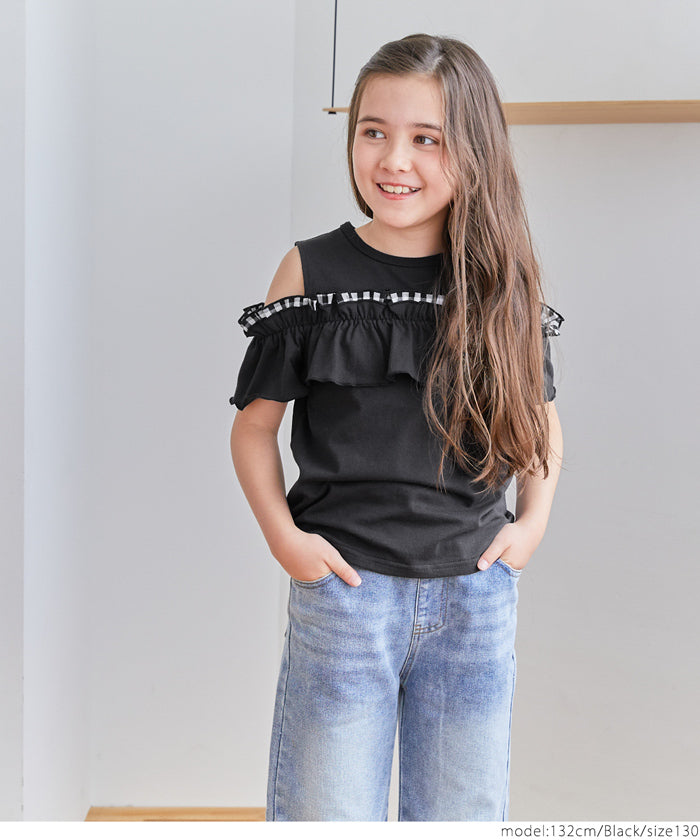 キッズ 120-150 Tシャツ オープンショルダー フリル ギンガム プルオーバー 女の子 キッズオリジナル 子供服 メール便可 coca コカ