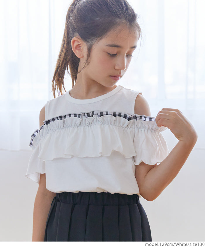 キッズ 120-150 Tシャツ オープンショルダー フリル ギンガム プルオーバー 女の子 キッズオリジナル 子供服 メール便可 coca コカ