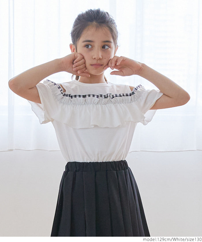 キッズ 120-150 Tシャツ オープンショルダー フリル ギンガム プルオーバー 女の子 キッズオリジナル 子供服 メール便可 coca コカ