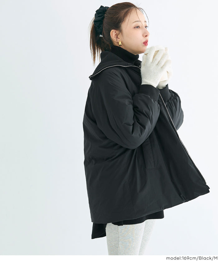 おまけ付き　コムコム | ラウンドカラー Aラインコート ブラック 中綿 ビッグカラー Aラインコート