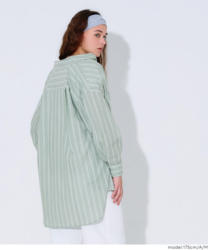 【美品】A.P.C ストライプシャツ　Mサイズ　カーキ色　ロゴ入り セール☆2690円→1490円 オーバーサイズストライプシャツ レディース