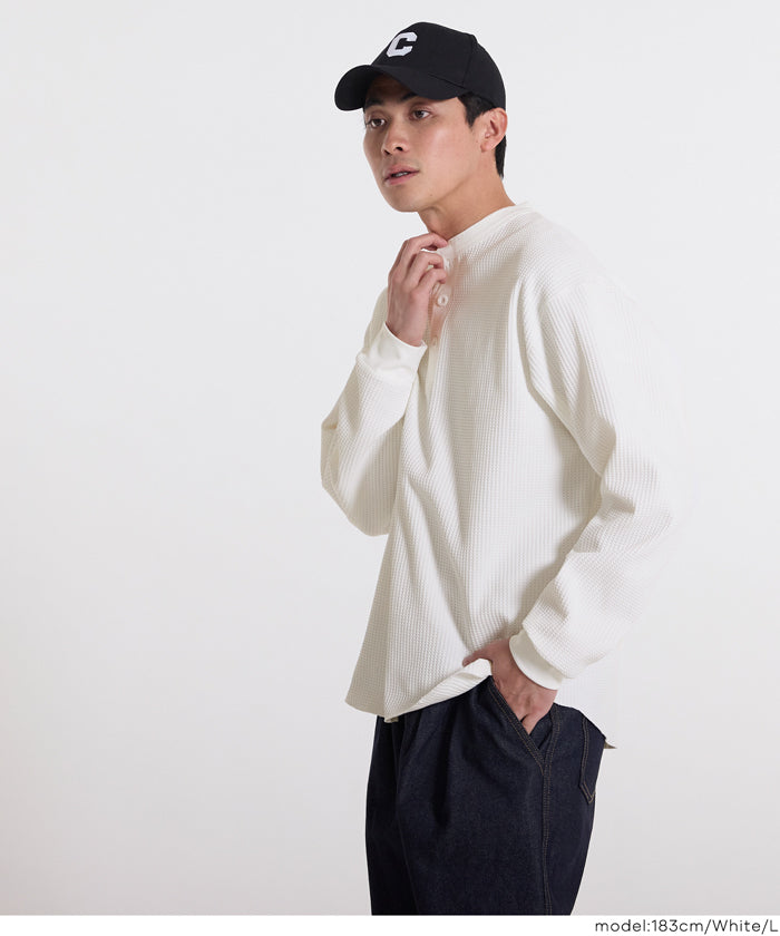 EAZY TEXワッフルラウンドヘンリーネックロンT メンズ メール便不可