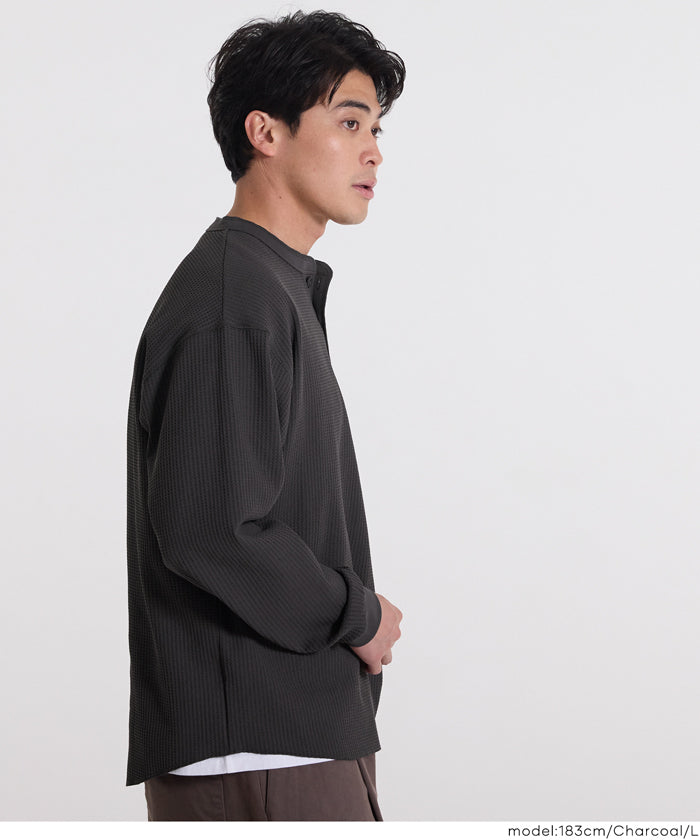 EAZY TEXワッフルラウンドヘンリーネックロンT メンズ メール便不可
