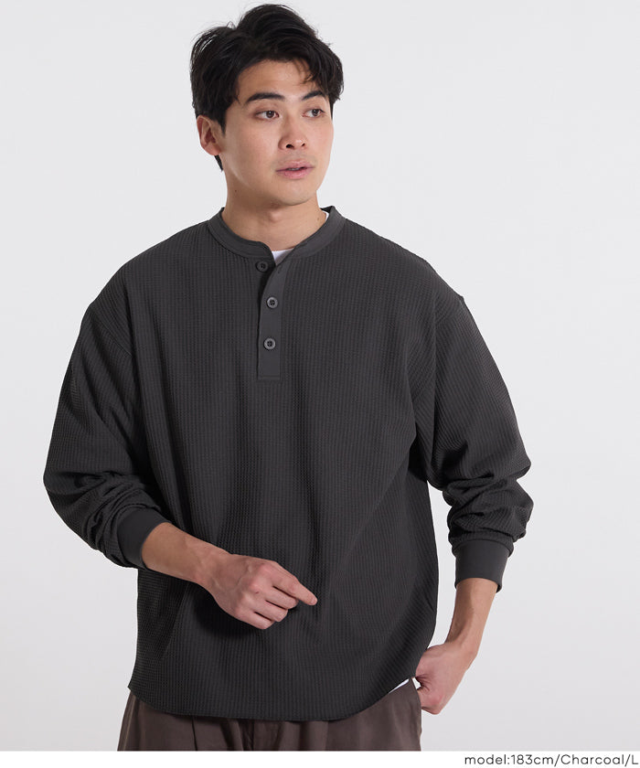 EAZY TEX ワッフルラウンドヘンリーネックロンT メンズ メール便不可
