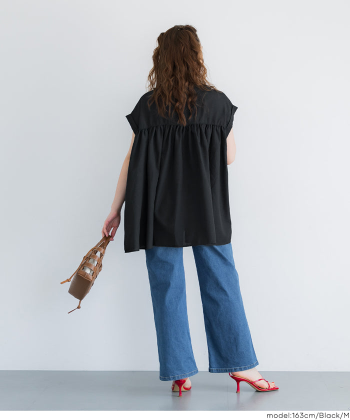 美品 25SS BACCA シアサッカー ペプラムブラウス ネイビー シアサッカーペプラムロールアップスリーブブラウス レディース メール