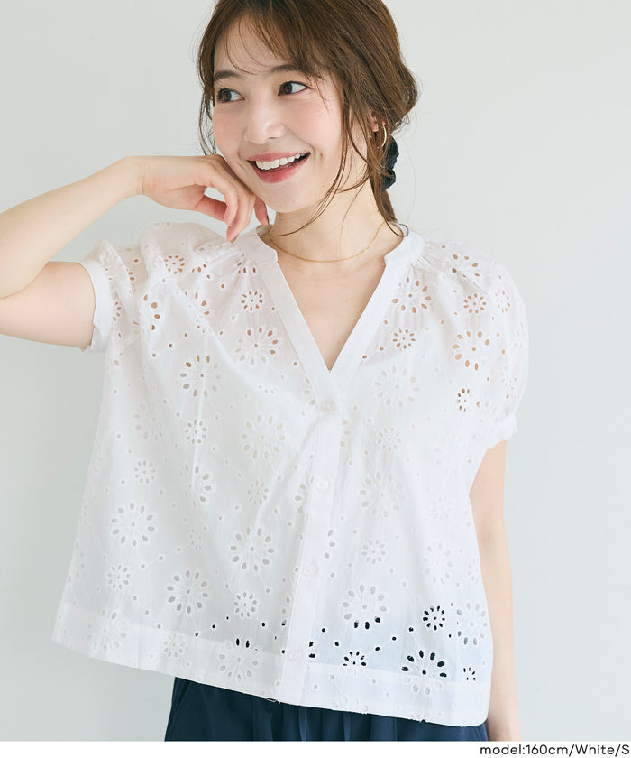 セール☆2490円→1490円 コットンパンチングレース半袖ブラウス