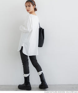 Sale ★ 1290 yen → 990 yen T-shirt ladies' cut and sew long sleeves 100% cotton boat neck long length side slit plain mail available mrb 22aw coca coca
