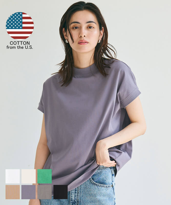 Tシャツ レディース モックネック 半袖 COTTON from the US 丸首 フレンチスリーブ 厚手 ハリ感 綿100％ アメリカ メール便可 24ss coca コカ