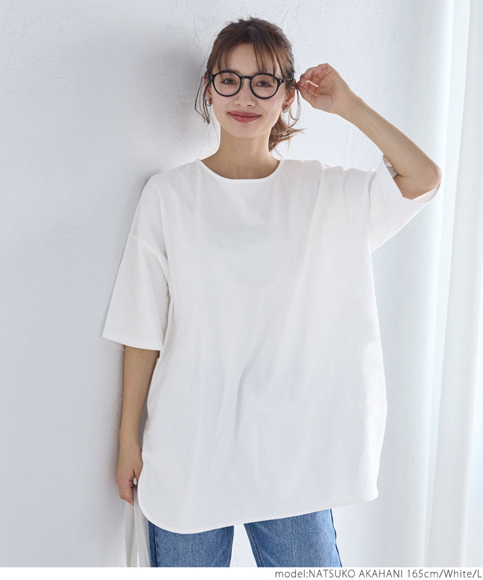 Tシャツ レディース カットソー COTTON from the US サイドスリット ビックシルエット 半袖 5分丈 シンプル メール便可 24ss coca コカ