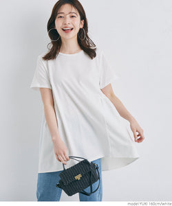 Gathered Tops Women's Docking Round Neck Cut and Sewn Flare A-Line Different Material Switching Short Sleeve Plain Cotton 100 Mail Delivery Available 23ss coca coca