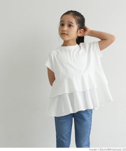 Kids 100-140 cut-and-sew pullover docking frill crew neck T-shirt short sleeve plain girl parent and child matching children's clothes mail delivery available coca coca