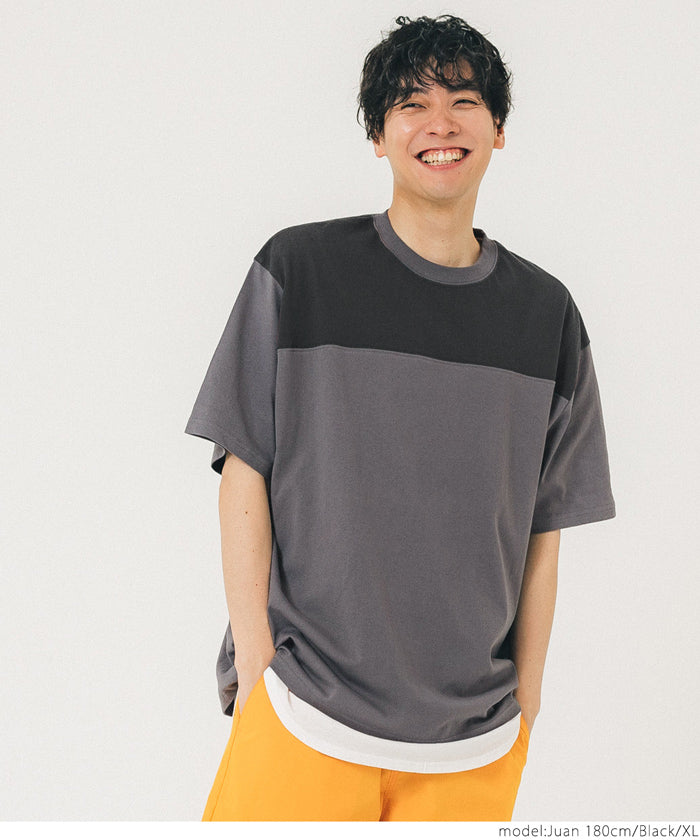 セール★1490円→1290円 Tシャツ メンズ カットソー 配色シャツ 配色 バイカラー 半袖 ビックシルエット コットン 綿 ミディアム丈 丸首 薄手 無地 メール便不可 23ss coca