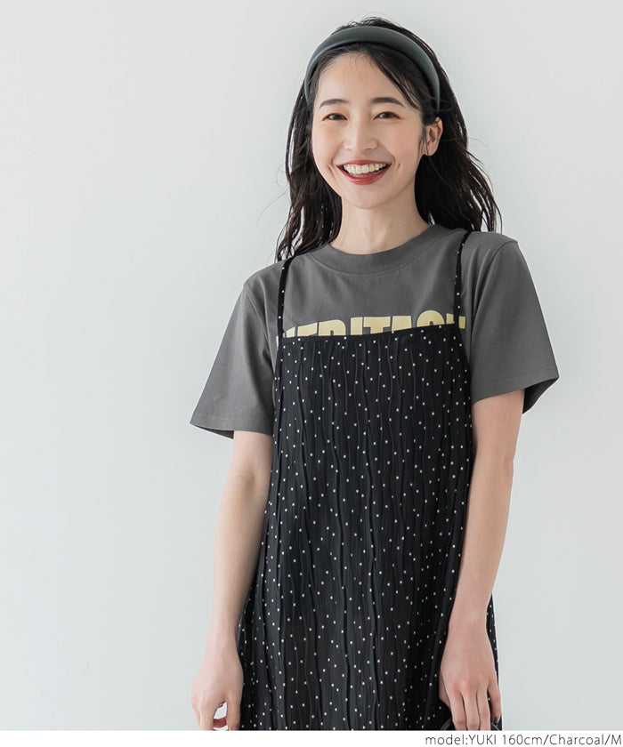 Tシャツ レディース フロッキープリント ロゴ 英字 綿100 クルーネック ミディアム丈 伸縮性 半袖 薄手 カジュアル メール便可 24ss coca コカ