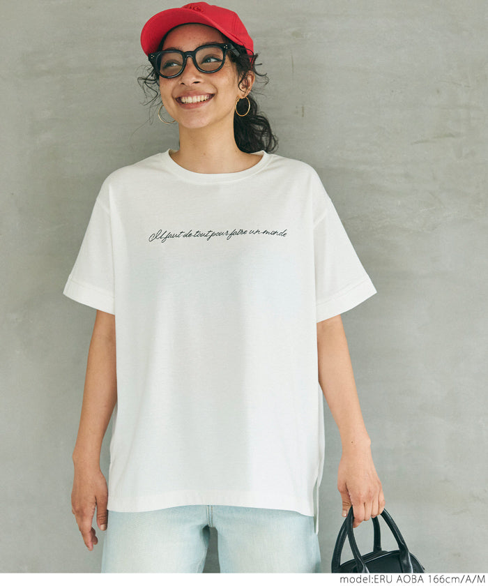 Tシャツ レディース カットソー 半袖 ロゴTシャツ 刺繍 英字ロゴ クルーネック 天竺 伸縮性 ミディアム丈 薄手 メール便可 24ss コカ