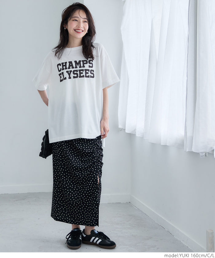 カットソー レディース Tシャツ ロールアップスリーブ プリント 英字 クルーネック サイドスリット ゆったり 半袖 メール便可 24ss coca コカ