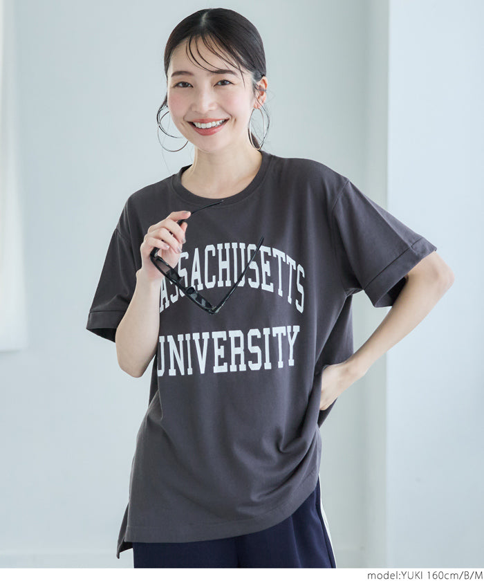 カットソー レディース Tシャツ ロールアップスリーブ プリント 英字 クルーネック サイドスリット ゆったり 半袖 メール便可 24ss coca コカ