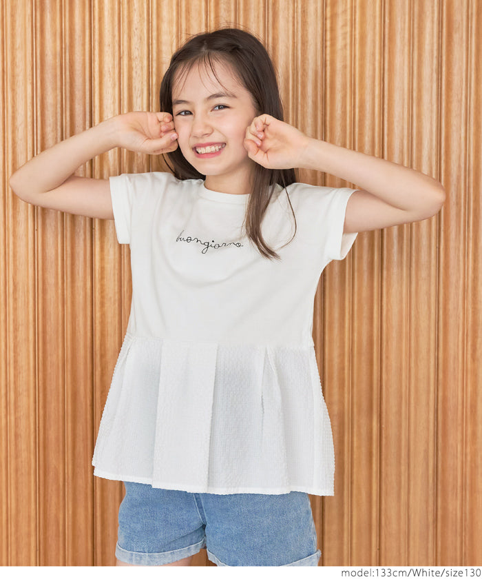 キッズ 120-150 Tシャツ タック切り替え ドッキング 刺繍ロゴ フレンチスリーブ プリーツ  女の子 キッズオリジナル 子供服 メール便可 coca コカ