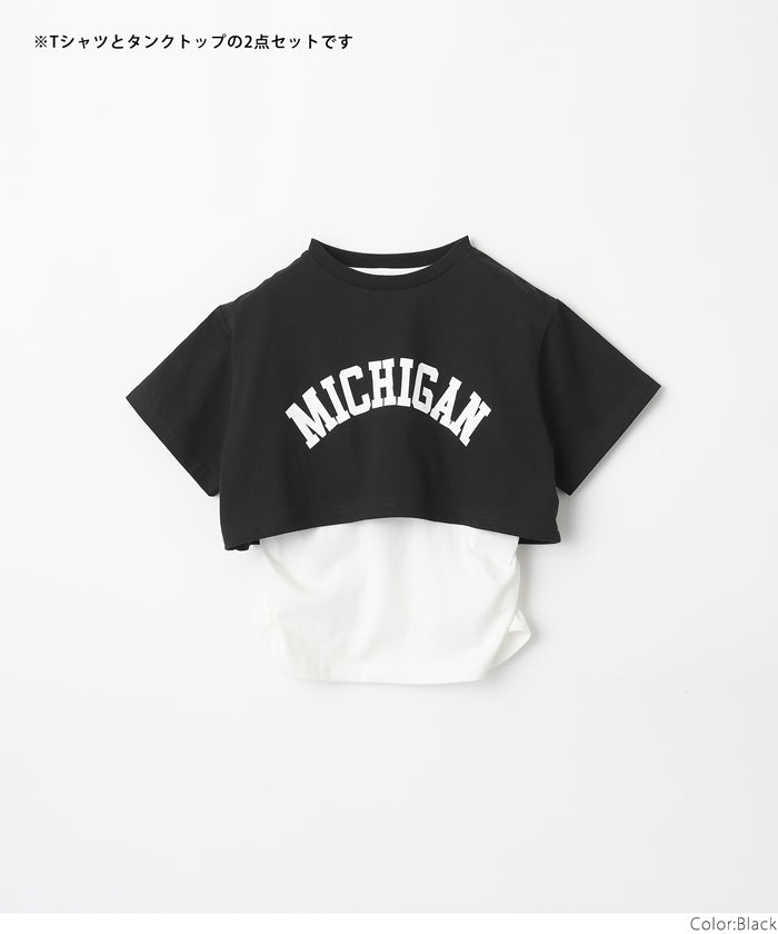 キッズ 120-150 Tシャツ タンクトップ 2枚セット 英字 ロゴ 綿100 クルーネック クロップド丈 半袖 女の子 キッズオリジナル 子供服 メール便可 coca