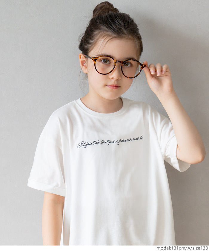 キッズ 120-150 Tシャツ カットソー 半袖 ロゴTシャツ 刺繍 クルーネック 天竺 伸縮性 ミディアム丈 薄手 女の子 親子お揃い 子供服 メール便可