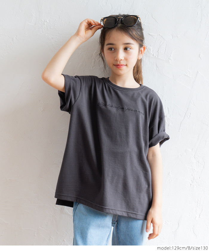 キッズ 120-150 Tシャツ カットソー 半袖 ロゴTシャツ 刺繍 クルーネック 天竺 伸縮性 ミディアム丈 薄手 女の子 親子お揃い 子供服 メール便可