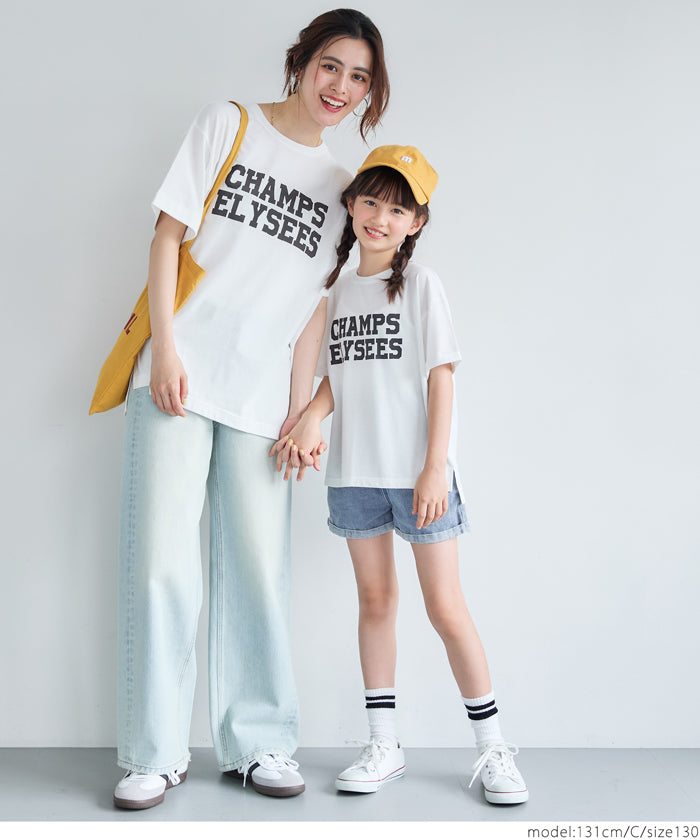 セール★890円→550円 キッズ 120-150 カットソー レディース Tシャツ ロールアップスリーブ プリント 英字 丸首 サイドスリット 男女兼用 親子お揃い 子供服 メール便可