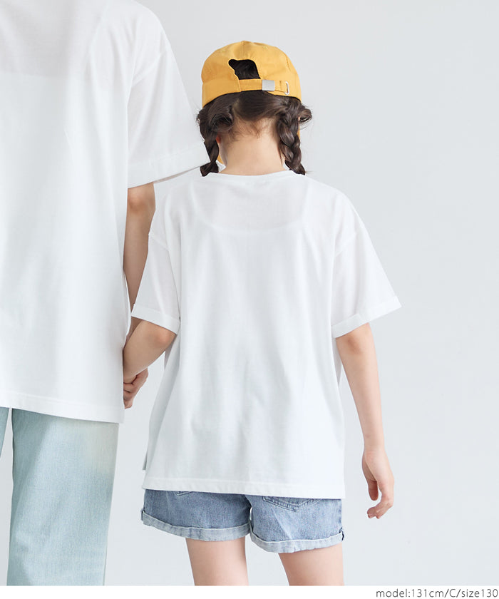 セール★890円→550円 キッズ 120-150 カットソー レディース Tシャツ ロールアップスリーブ プリント 英字 丸首 サイドスリット 男女兼用 親子お揃い 子供服 メール便可