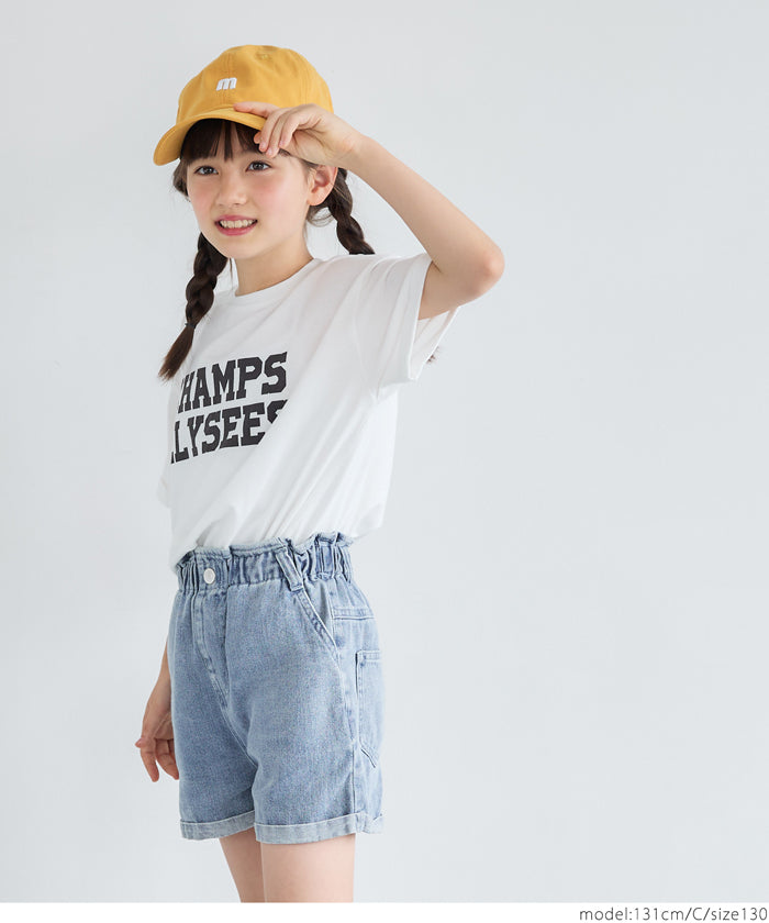 セール★890円→550円 キッズ 120-150 カットソー レディース Tシャツ ロールアップスリーブ プリント 英字 丸首 サイドスリット 男女兼用 親子お揃い 子供服 メール便可