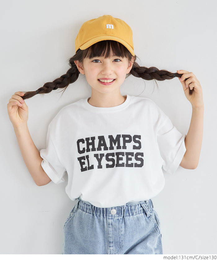 セール★890円→550円 キッズ 120-150 カットソー レディース Tシャツ ロールアップスリーブ プリント 英字 丸首 サイドスリット 男女兼用 親子お揃い 子供服 メール便可