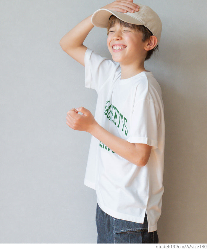 セール★890円→550円 キッズ 120-150 カットソー レディース Tシャツ ロールアップスリーブ プリント 英字 丸首 サイドスリット 男女兼用 親子お揃い 子供服 メール便可