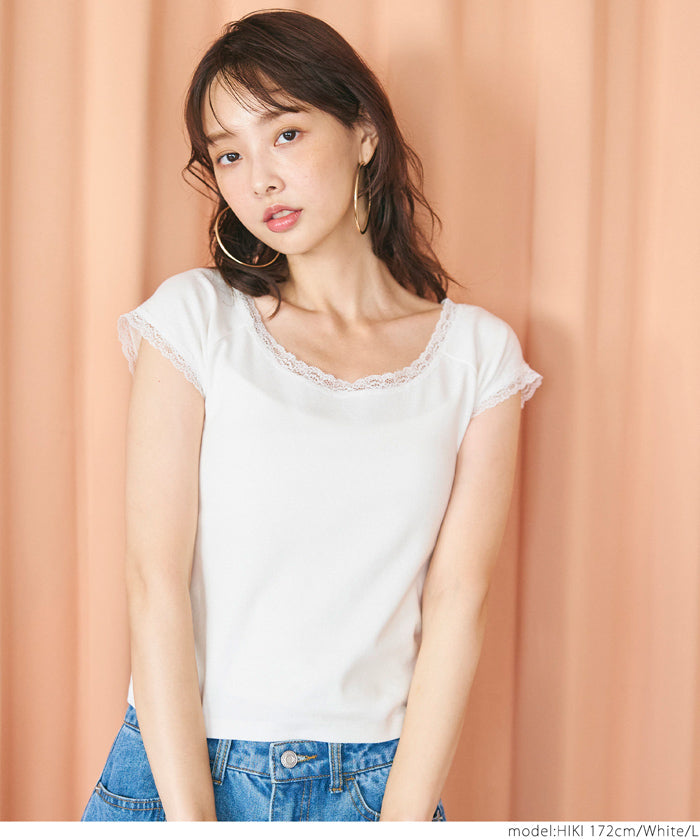 セール★1290円→990円 Tシャツ レディース カットソー レース クルーネック 伸縮性 フライス シンプル 無地 薄手 GC メール便可 24ss coca コカ