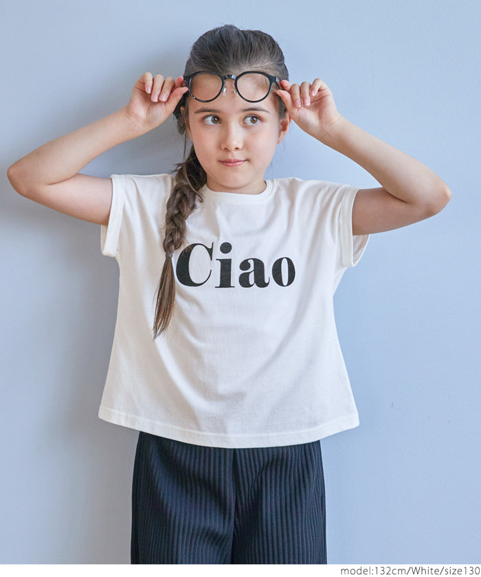 キッズ 120-150 カットソー Tシャツ ロールアップスリーブ フロッキープリント 英字 クルーネック 半袖 女の子 親子お揃い 子供服 メール便不可 coca