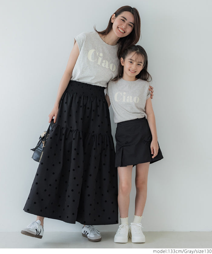 キッズ 120-150 カットソー Tシャツ ロールアップスリーブ フロッキープリント 英字 クルーネック 半袖 女の子 親子お揃い 子供服 メール便不可 coca