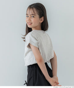 キッズ 120-150 カットソー Tシャツ ロールアップスリーブ フロッキープリント 英字 クルーネック 半袖 女の子 親子お揃い 子供服 メール便不可 coca