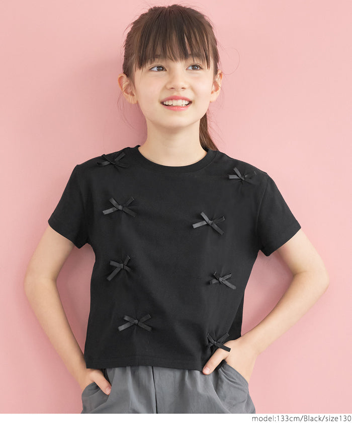 キッズ 120-150 Tシャツ カットソー リボン 短丈 半袖 コットン100 薄手 クルーネック 伸縮性 女の子 親子お揃い 子供服 メール便可