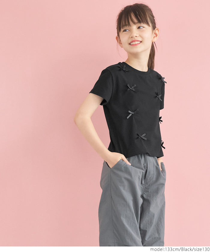 キッズ 120-150 Tシャツ カットソー リボン 短丈 半袖 コットン100 薄手 クルーネック 伸縮性 女の子 親子お揃い 子供服 メール便可