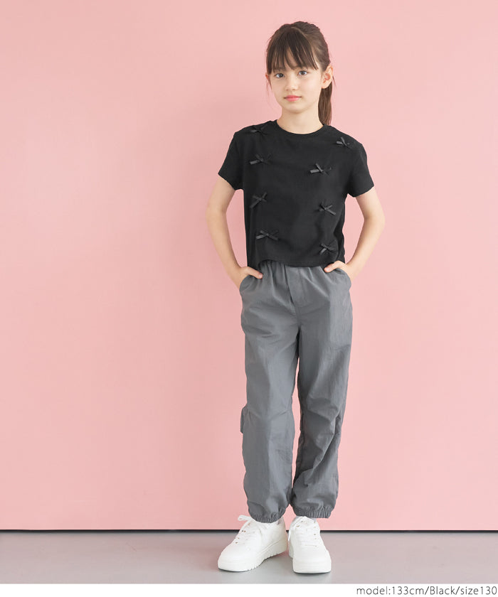 キッズ 120-150 Tシャツ カットソー リボン 短丈 半袖 コットン100 薄手 クルーネック 伸縮性 女の子 親子お揃い 子供服 メール便可