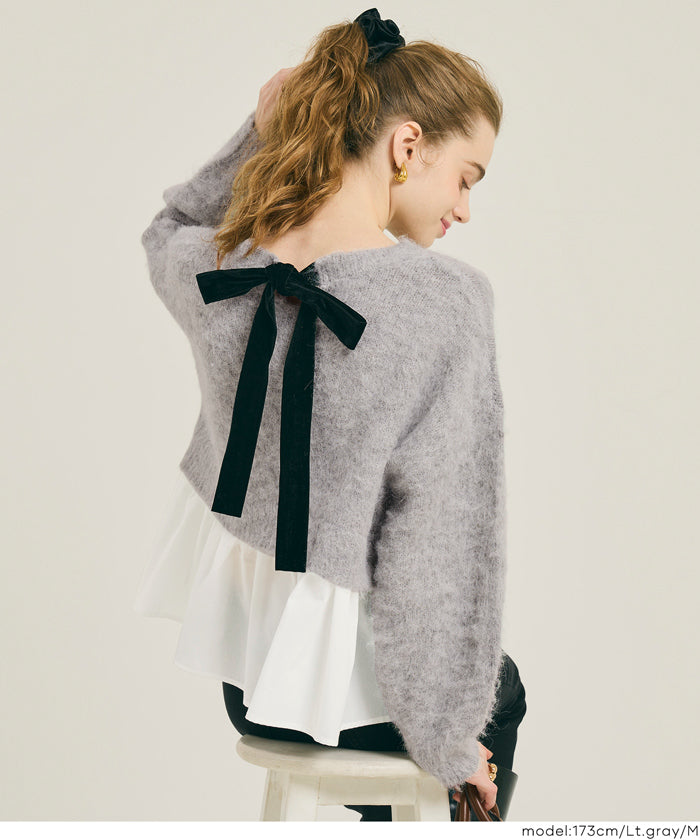 バックリボン異素材ドッキングニットトップス レディース メール便不可