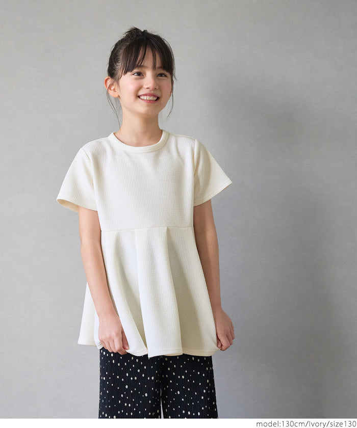 Kids 100-140 cut and sew embossed short sleeve tuck flare plain switching round neck girl parent and child matching children's clothes mail delivery available coca coca