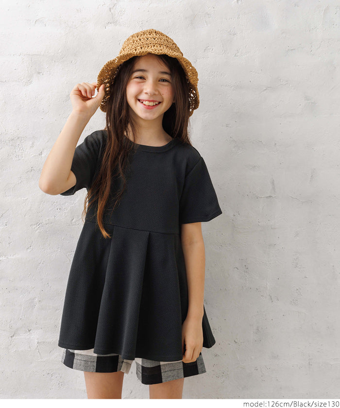 Kids 100-140 cut and sew embossed short sleeve tuck flare plain switching round neck girl parent and child matching children's clothes mail delivery available coca coca