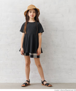 Kids 100-140 cut and sew embossed short sleeve tuck flare plain switching round neck girl parent and child matching children's clothes mail delivery available coca coca