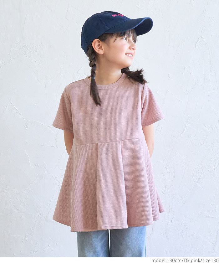 Kids 100-140 cut and sew embossed short sleeve tuck flare plain switching round neck girl parent and child matching children's clothes mail delivery available coca coca