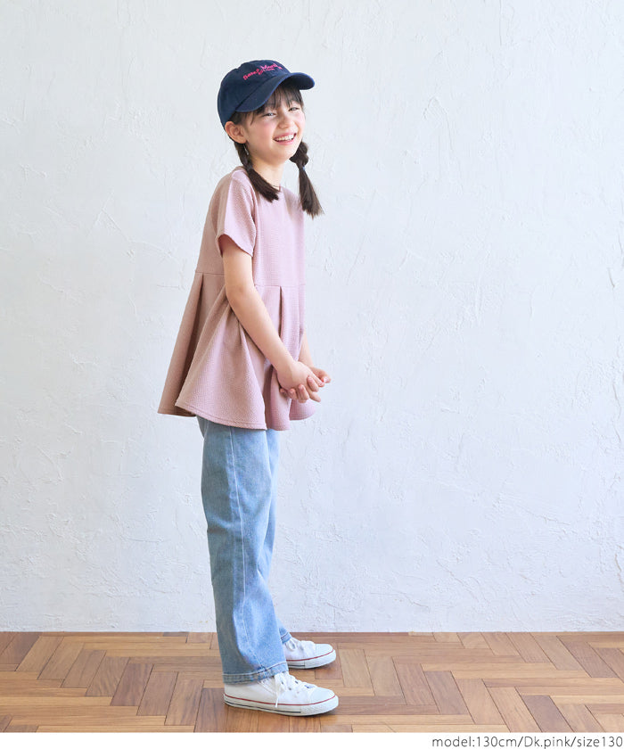 Kids 100-140 cut and sew embossed short sleeve tuck flare plain switching round neck girl parent and child matching children's clothes mail delivery available coca coca