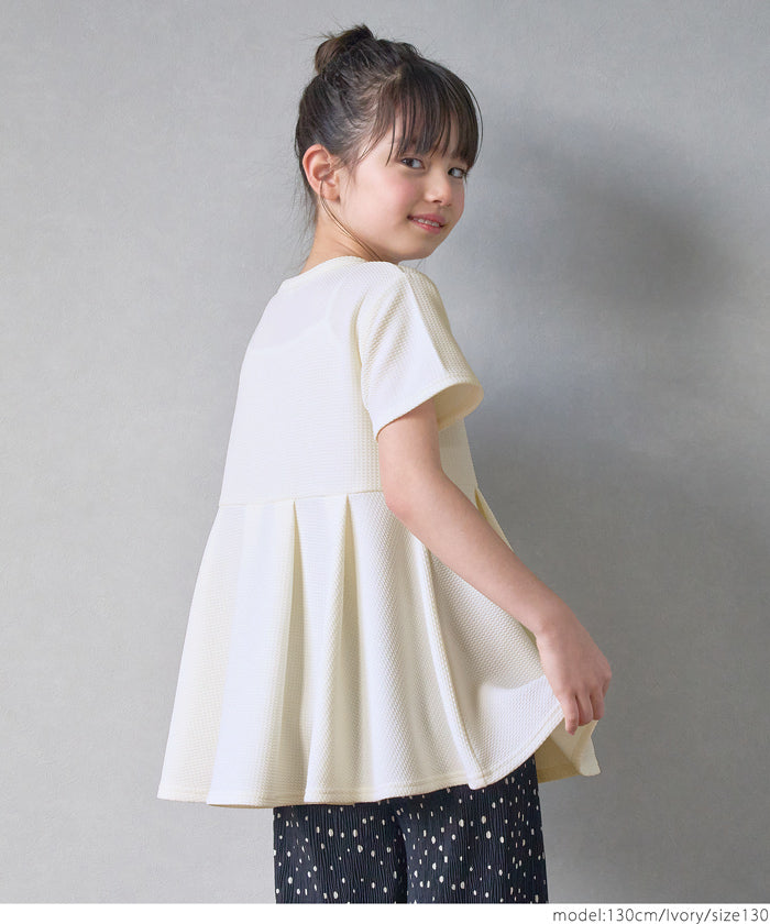 Kids 100-140 cut and sew embossed short sleeve tuck flare plain switching round neck girl parent and child matching children's clothes mail delivery available coca coca