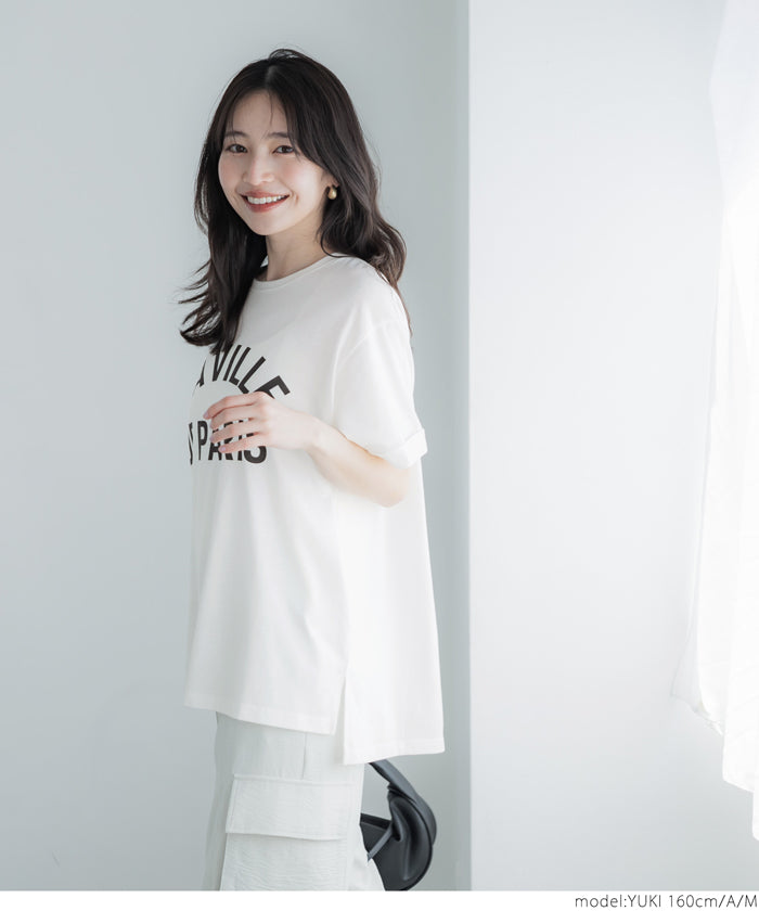 セール★1290円→990円 カットソー レディース Tシャツ ロールアップスリーブ プリント 英字 クルーネック サイドスリット ゆったり 半袖 メール便可 24ss coca コカ