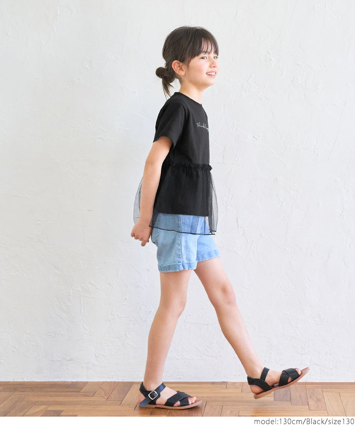 キッズ 110-140  Tシャツ 半袖 チュール 刺繍 ショート丈 ガーリー フェアリー クルーネック 女の子 キッズオリジナル 子供服 メール便不可 coca コカ