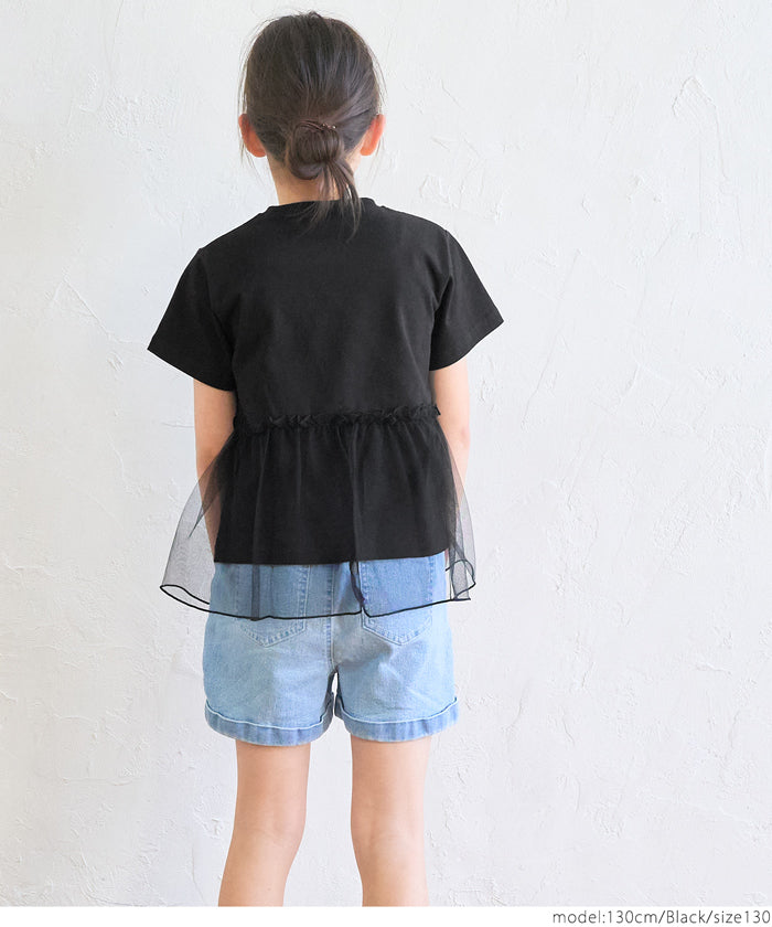 キッズ 110-140  Tシャツ 半袖 チュール 刺繍 ショート丈 ガーリー フェアリー クルーネック 女の子 キッズオリジナル 子供服 メール便不可 coca コカ