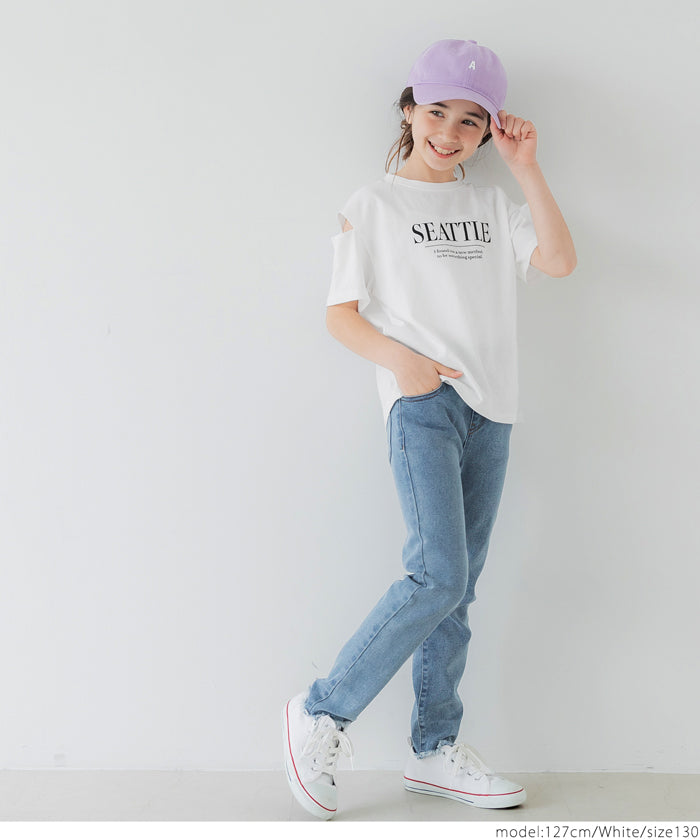 【アウトレット返品交換不可】キッズ 110-140 Tシャツ 腕スリット クルーネック ミディアム丈 半袖 女の子 キッズオリジナル 子供服 メール便可 coca