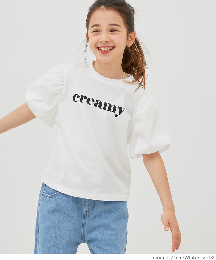 キッズ 110-140 Tシャツ パフスリーブ 袖口ゴム ロゴ 異素材 ドッキング クルーネック 半袖 女の子 キッズオリジナル 子供服 メール便可 coca コカ