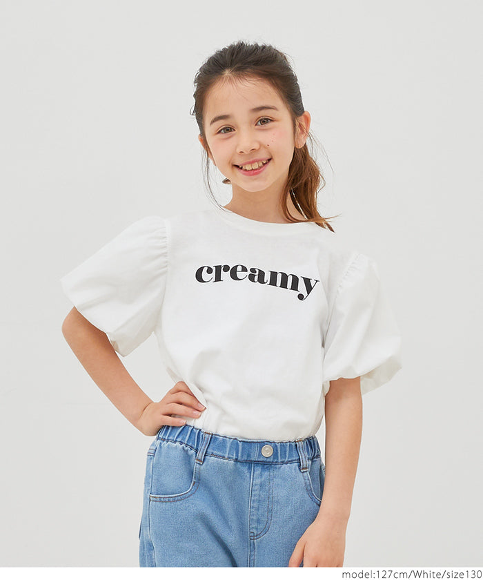 キッズ 110-140 Tシャツ パフスリーブ 袖口ゴム ロゴ 異素材 ドッキング クルーネック 半袖 女の子 キッズオリジナル 子供服 メール便可 coca コカ